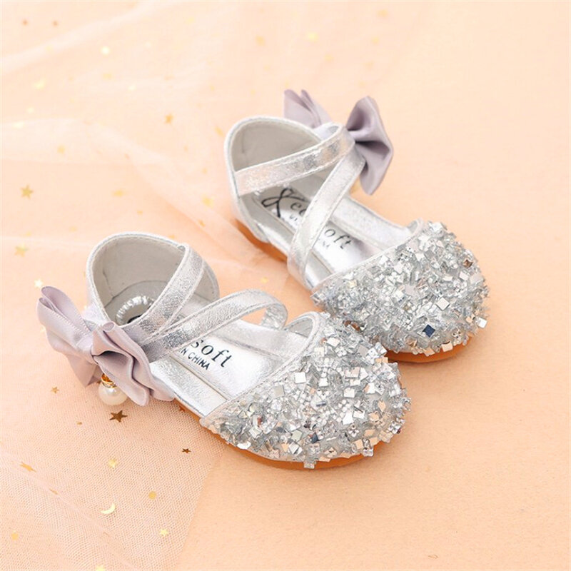 Złoty srebrny różowy letnie dzieci skórzane buty na co dzień dziewczyny księżniczka płaskie obcas szpilki moda cekiny łuk perła dla dzieci buty dla dzieci