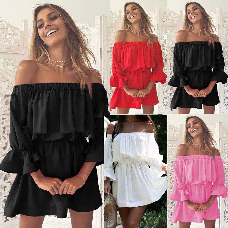 2019 abiti da donna Summer Flare Sleeve Off spalla fasciatura tinta unita Sundress casual Sexy Holiday Dress W0619