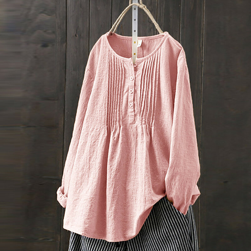 Blusa de linho manga comprida feminina, tops de botão, camisas monocromáticas, top solto, roupas de primavera