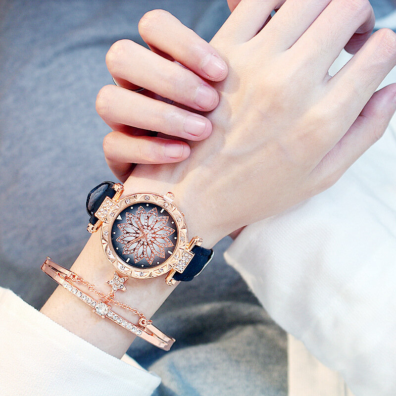 Femmes ciel étoilé montre de luxe en or Rose diamant montres dames décontracté en cuir bande Quartz montre-bracelet femme horloge zegarek damski