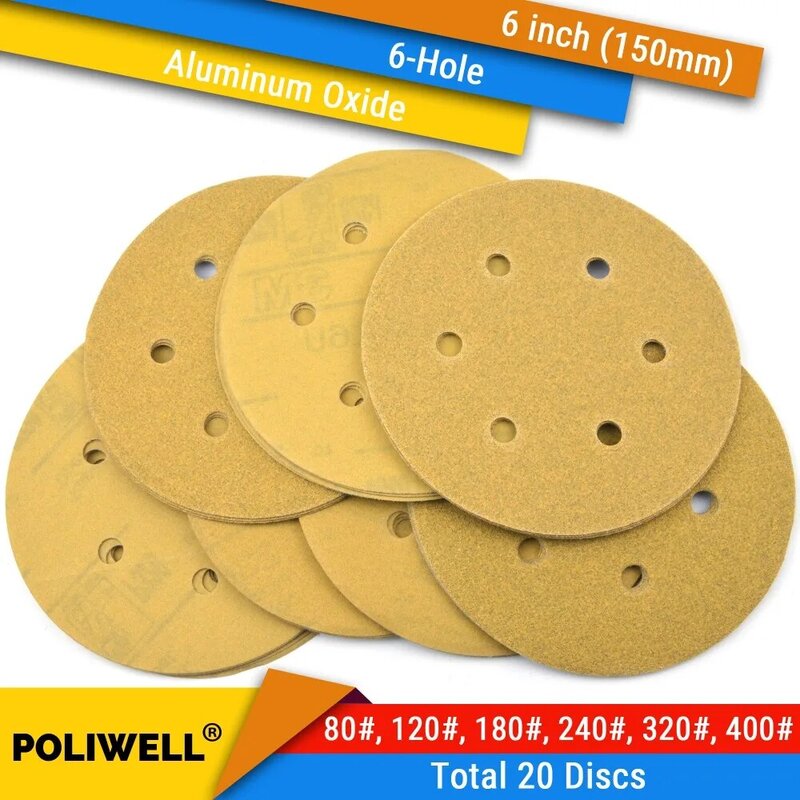 20PCS 6 Inch 150mm 6-Hole 80/120/180/240/320/400 Grit Hook & Loop Sanding Discs for Dry Sanding Round Abrasive Paper Woodworking