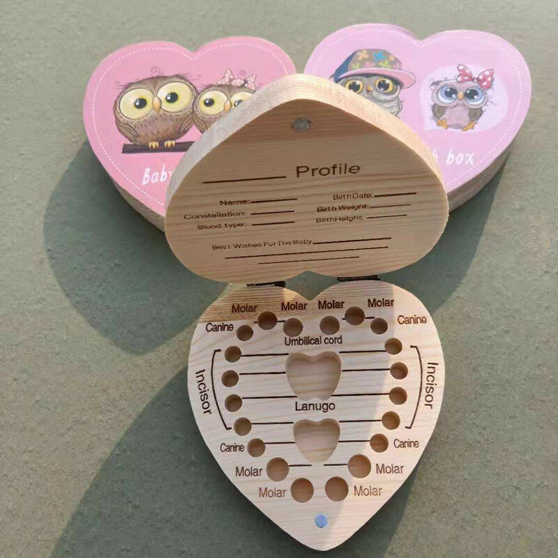 Inglese/spagnolo/portogallo scatola per denti in legno organizzatore denti da latte conservazione Lanugo ombelicale salva raccogli regali di souvenir per bambini