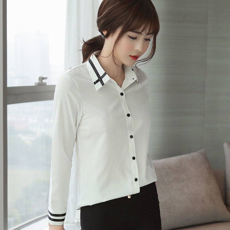 Camisa de gasa de manga larga para mujer, blusa informal Coreana de retales, Top blanco de Color sólido, ropa de primavera y otoño