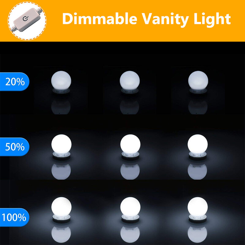 Lampu LED cermin rias, 10 buah lampu Kit lampu cermin rias, lampu kosmetik 3 tingkat kecerahan dapat disesuaikan untuk rias