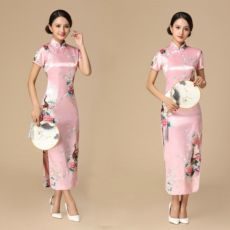 Kwiatowy i paw kobiety tradycyjny chiński strój Vintage stójka Qipao Oversize długa obcisła Cheongsam 3XL 4XL 5XL 6XL