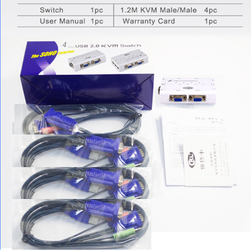 Przełącznik kvm VGA 4 Port USB 2.0 z kablami obsługa mikrofon audio do skanera, drukarki o wysokiej rozdzielczości 2048*1536 CKL-41UA