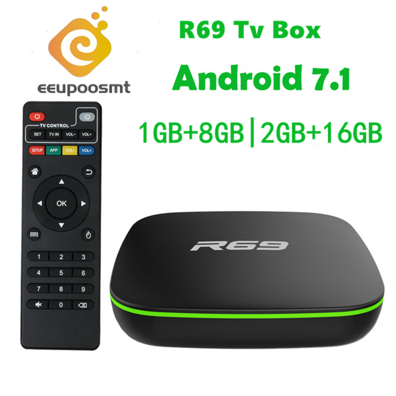 R69 Smart Android 7.1 TV Box 2GB 16GB Allwinner H3 Quad-Core WiFi 2.4GHz 1G8G Set Top Box 1080P HD Support 3D movie Media player