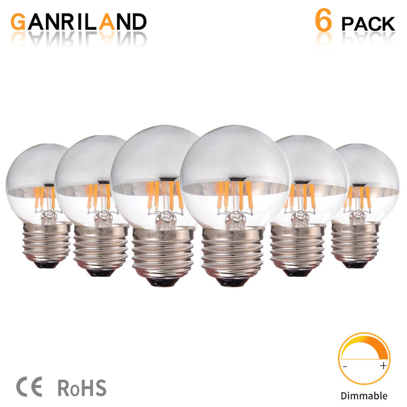GANRILAND-Lámpara de globo G45, bombilla LED regulable de filamento plateado con espejo, E26, E27, 4W (equivalente a 25W), 2700K, 6000K