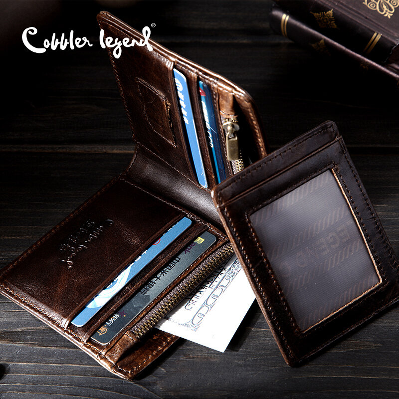 Cobbler legend carteira de couro legítimo, carteira masculina feita em couro legítimo de marca famosa, estilo vintage, com compartimento para moedas e cartões de bolso, com zíper