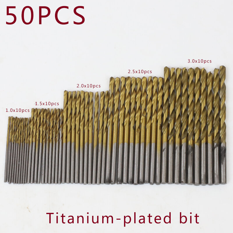 Hss broca revestida de titânio, 50 peças de aço de alta velocidade punho reto broca giratória de metal broca de plástico para trabalhar madeira 1.0/1.5/2.0/3mm