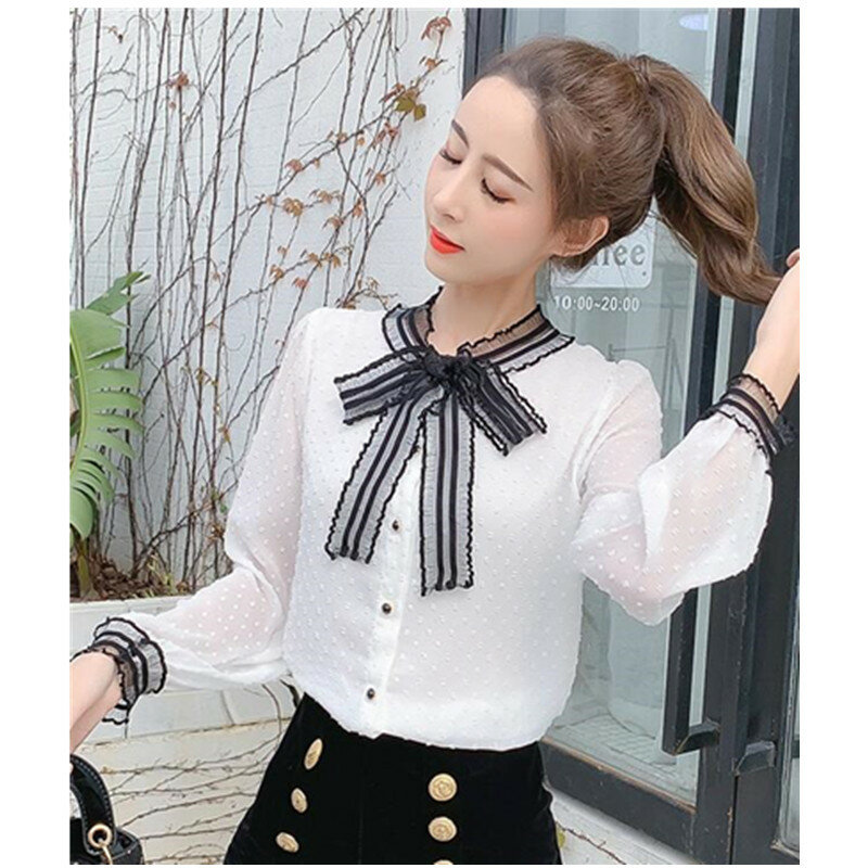Camisa de gasa coreana para mujer, blusa blanca de manga larga con lazo, ropa informal para chica, Top ajustado H9140