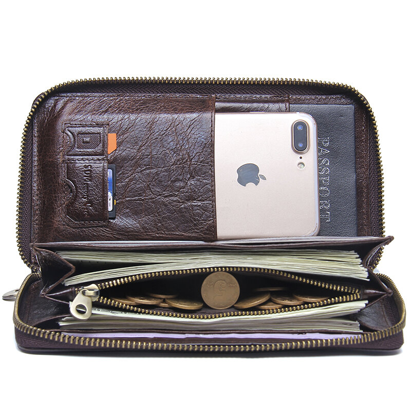 جلد أصلي للرجال مخلب المحفظة العلامة التجارية حامل بطاقة الذكور طويلة سستة حول محفظة السفر مع حامل جواز سفر 6.5 "جراب هاتف