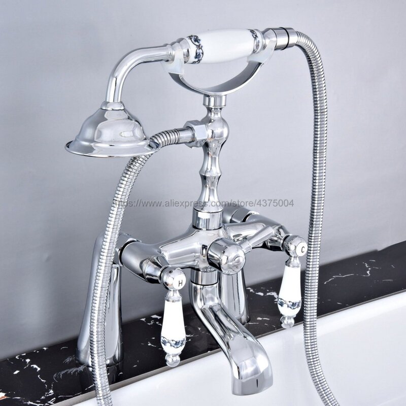Chrome ติดผนังห้องน้ำ Clawfoot อ่างอาบน้ำก๊อกน้ำและฝักบัวอาบน้ำอ่างล้างหน้า Tap & Hand Shower Ntf767