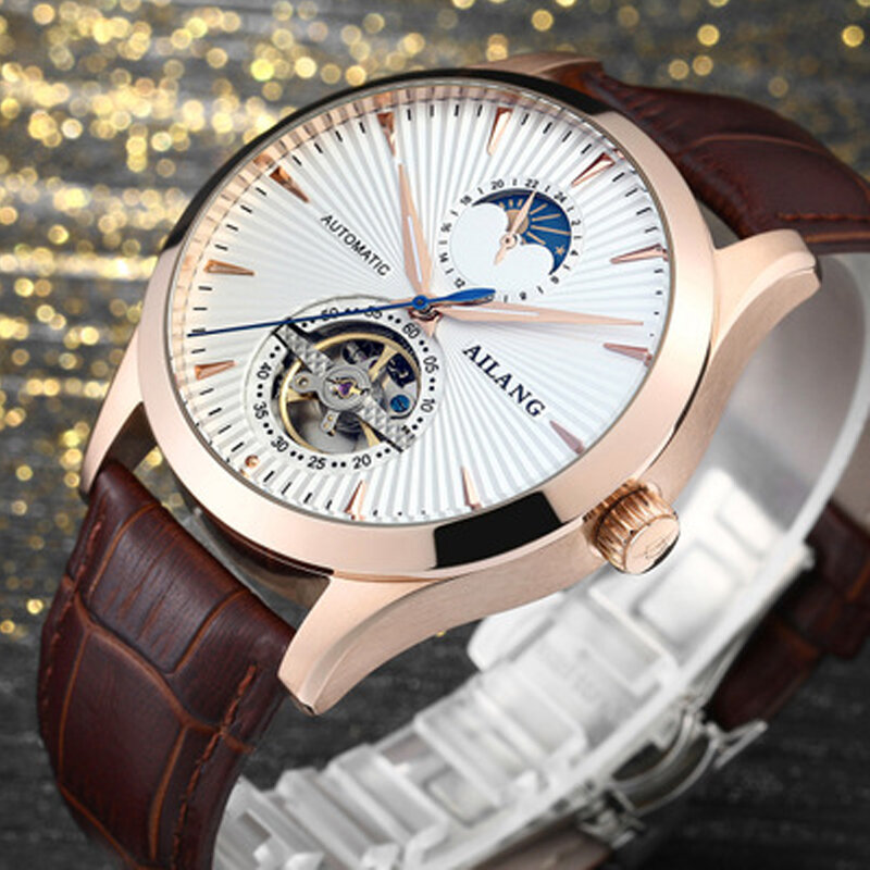 Luxury ยี่ห้อ Ailang ชายนาฬิกากลไกอัตโนมัตินาฬิกา Tourbillon นาฬิกาผู้ชายสายหนัง Sapphire ปฏิทินนาฬิกาชาย