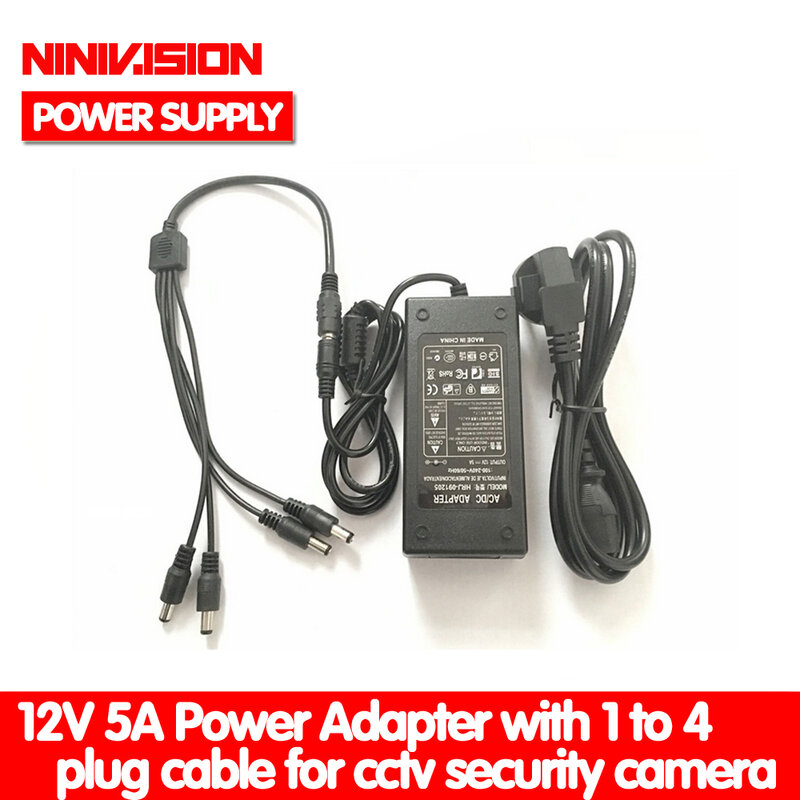 NINIVISION 12V 5A 1 to 4 Port CCTV Camera AC Adapter Power Supply Box For The CCTV Camera