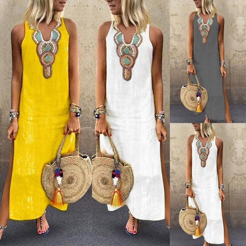여자 드레스 프린트 민소매 v 넥 맥시 드레스 스플릿 밑단 헐렁한 카프 탄 롱 여름 비치 인과 드레스