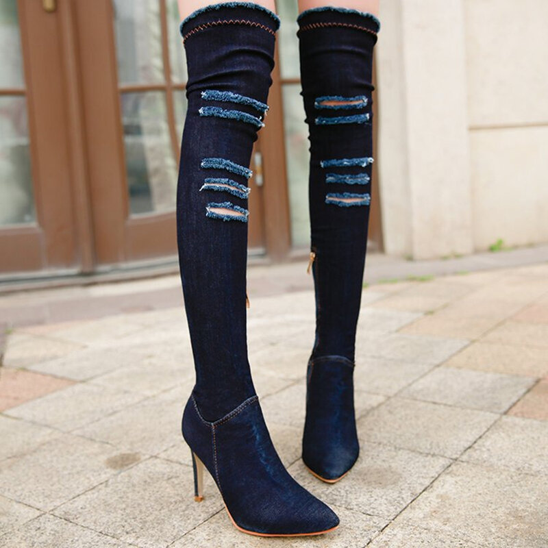 Ho heave 여성 kneeboots 새로운 스타일 패션 찢어진 청바지 편안한 styetch 패브릭 여성 신발 여성 캐주얼 통기성 부츠