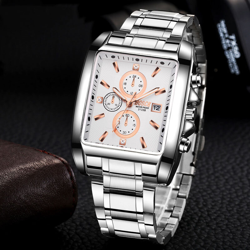 BOSCK-Relógio de pulso com mostrador quadrado masculino, pulseira de aço, quartzo, masculino, luminoso, impermeável, esportes
