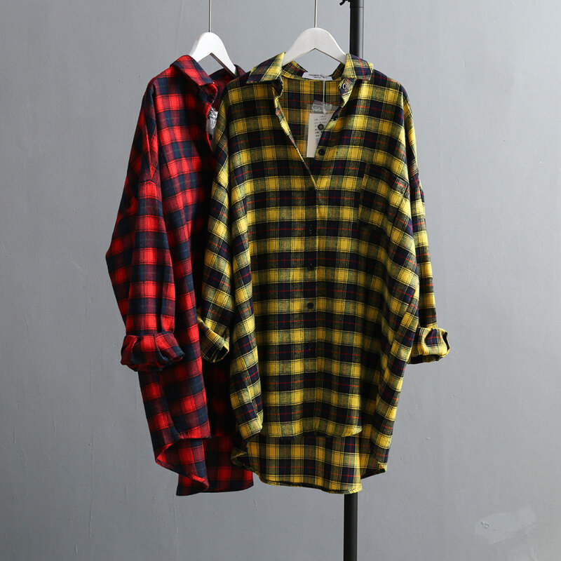 Womens Casual Plaid Losse Shirts Fashion Turn-down Kraag Lange Mouw Blouse Koreaanse Vrouw Kleding Lady Casual Wear Tops SW-034