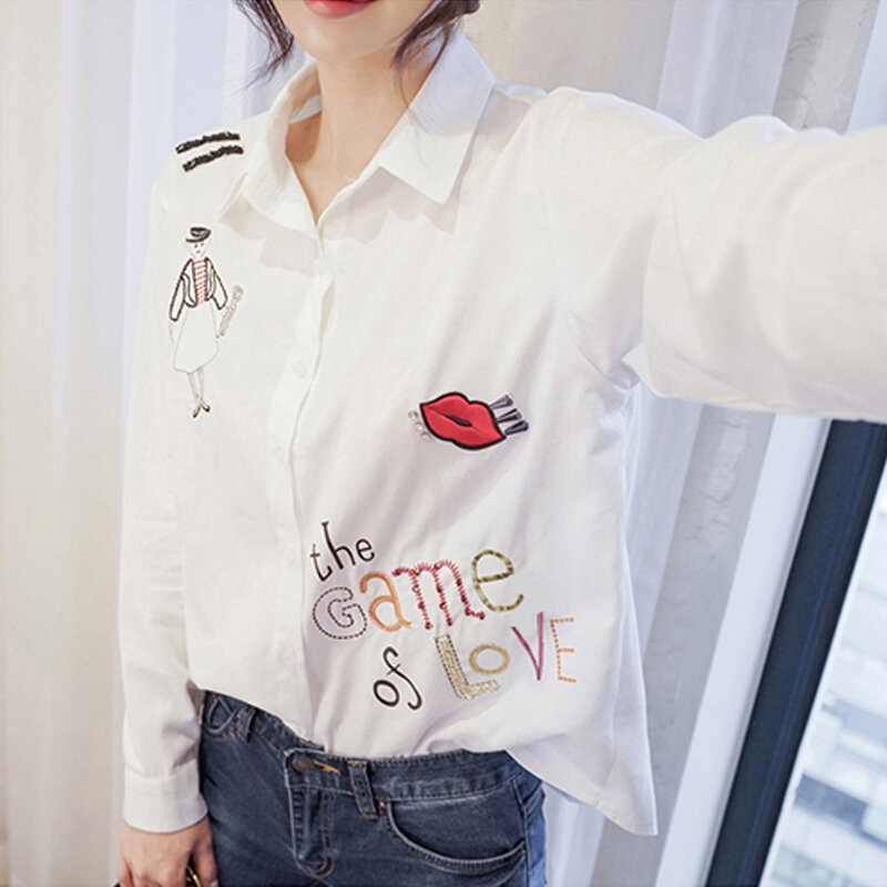 New Arrival Women White Shirt Letter Lip Girl Embroidery Full Sleeve Cotton Blouse Turn Down Collar Plus Size Loose Casual Top