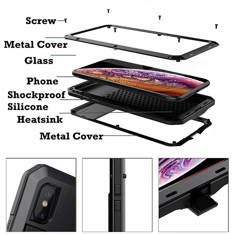 Wytrzymały Doom pancerz wodoodporny futerał na telefon iPhone 15 14 11 12 13 Pro XR 7 8 Plus SE XS MAX 360 pełna odporna na wstrząsy metalowa osłona