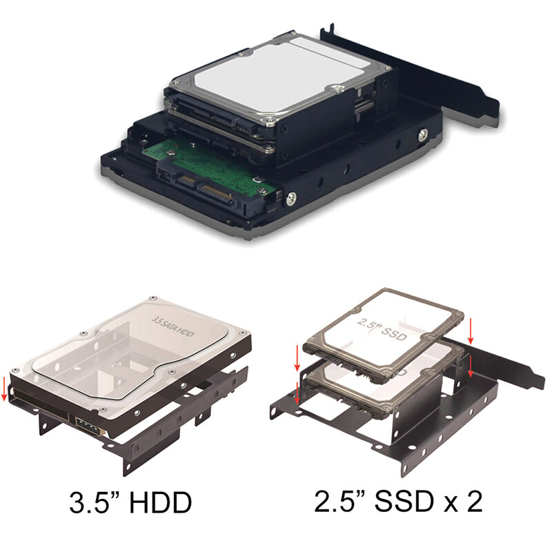Suporte duplo do metal da baía do disco rígido, HDD, suporte de montagem do SSD, 2x2,5"