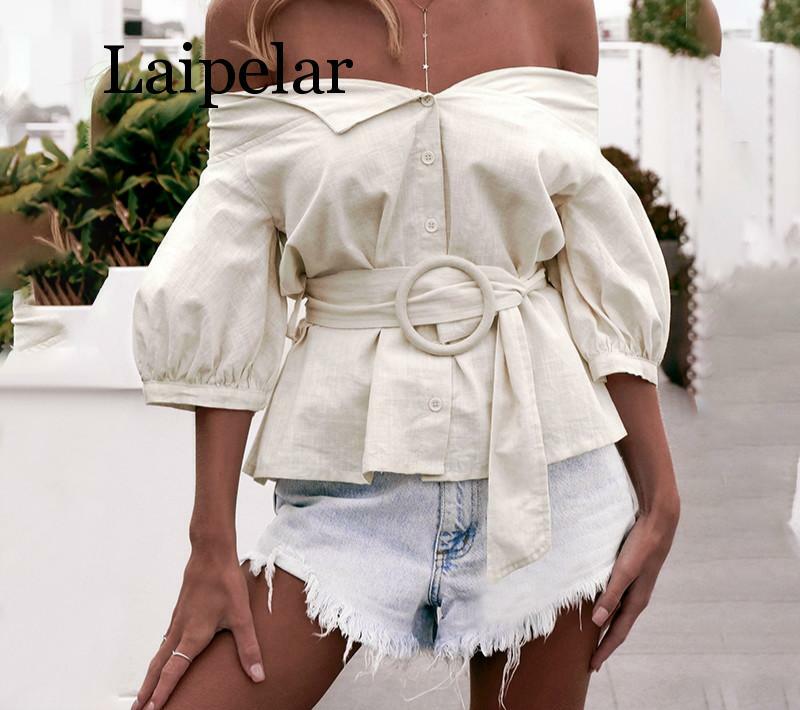 Laipelar Off ไหล่เสื้อผู้หญิงเสื้อเสื้อปุ่มฤดูร้อนโคมไฟแขน sashes หญิงเสื้อลำลองวินเทจ 2019 ใหม่