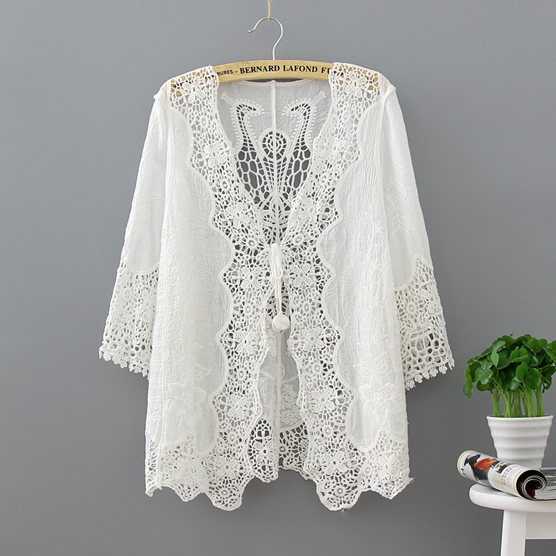 Kimono blanc en dentelle ajourée pour femme, 2019 coton, chemise tendance, manches mi-longues, cardigan, été 1806