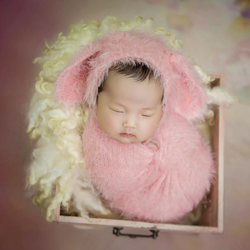 Newborn Stretch Knit Fuzzy Wrap Baby Photography Props Soft Jersey Wrap Hat Set Swaddle Milestone Photo Props