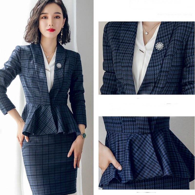 Plaid Women Suits Office Sets Ol Ladies Office Uniform Designs Wear Interview Suits Salon Slit Mini Skirt Business Suit DD2082