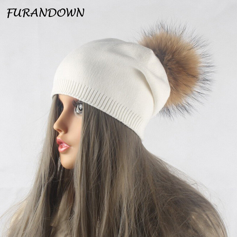 女性用ニット帽,暖かいウールの帽子,カジュアルなカシミアの帽子,本物のアライグマの毛皮のキャップ,pompomの帽子,秋冬