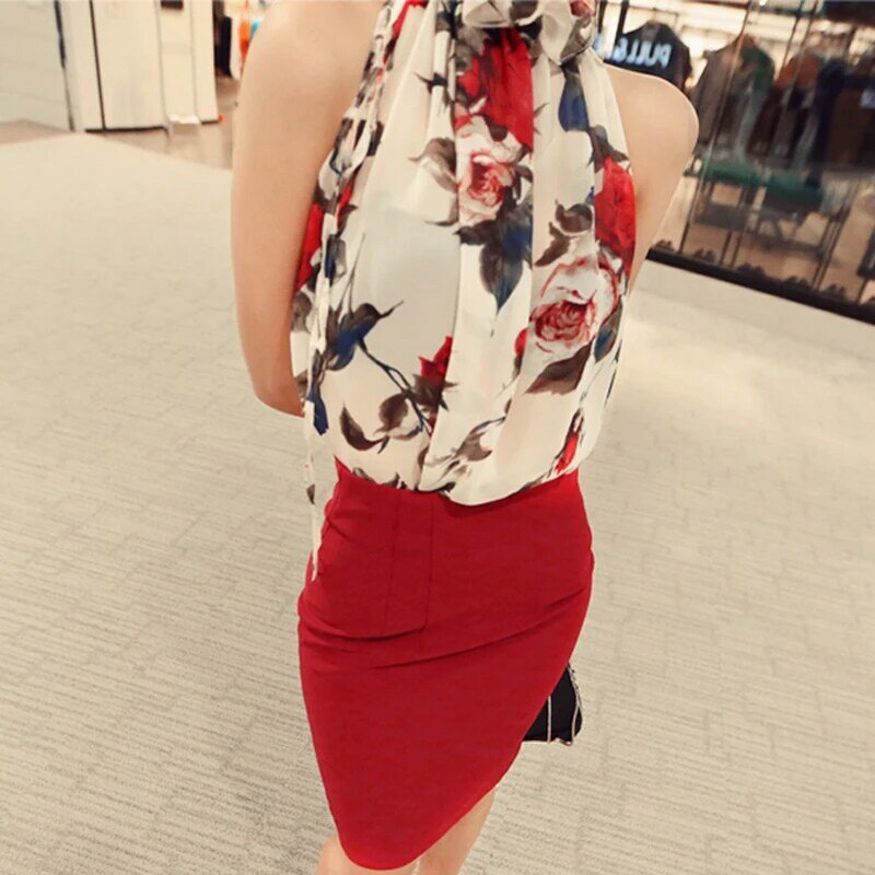 Женская шифоновая блузка без рукавов gkfnmt, блузка с цветочным принтом и оборками, водолазка, рубашка XXL, 2018