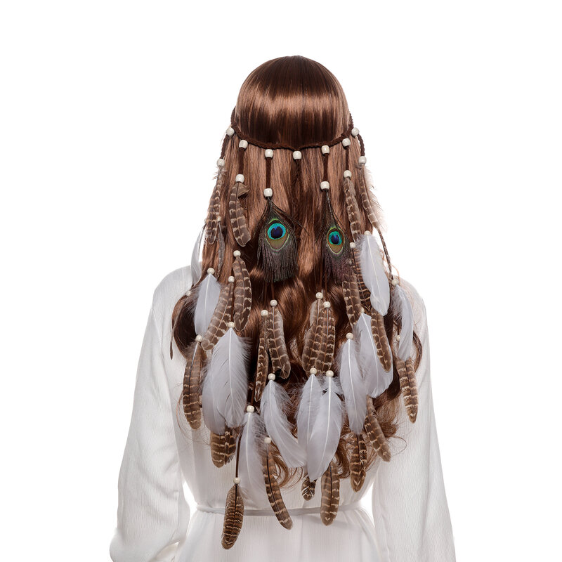 AWAYTR-Diadema de plumas bohemias para mujer, accesorios para el cabello de Festival, turbante de plumas de pavo real, diadema ajustable para mujer