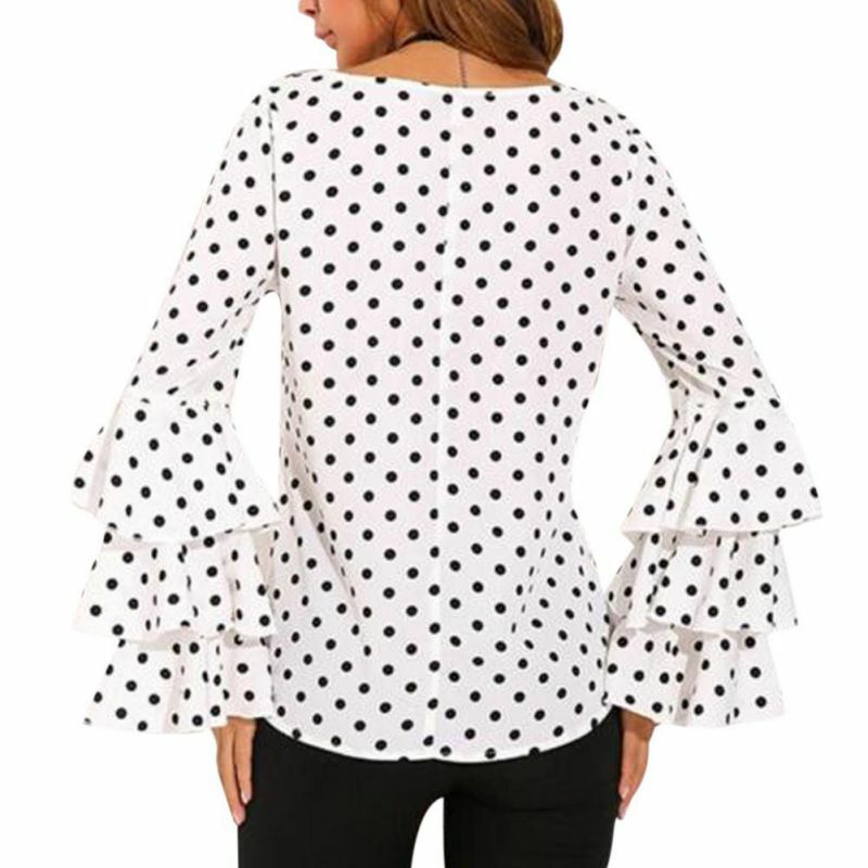 Verano 2019 blusas de mujer Blusa de gasa de manga de pétalo Vintage Camisas de mujer de lunares de oficina cuello redondo volantes Plus tamaño
