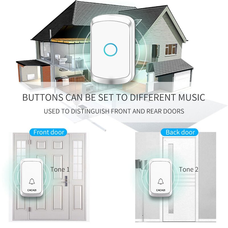 CACAZI Intelligent Wireless Doorbell 300M Remote 1 Button 3 Receiver Waterproof Wireless LED Light Home Call Door Bell Chime