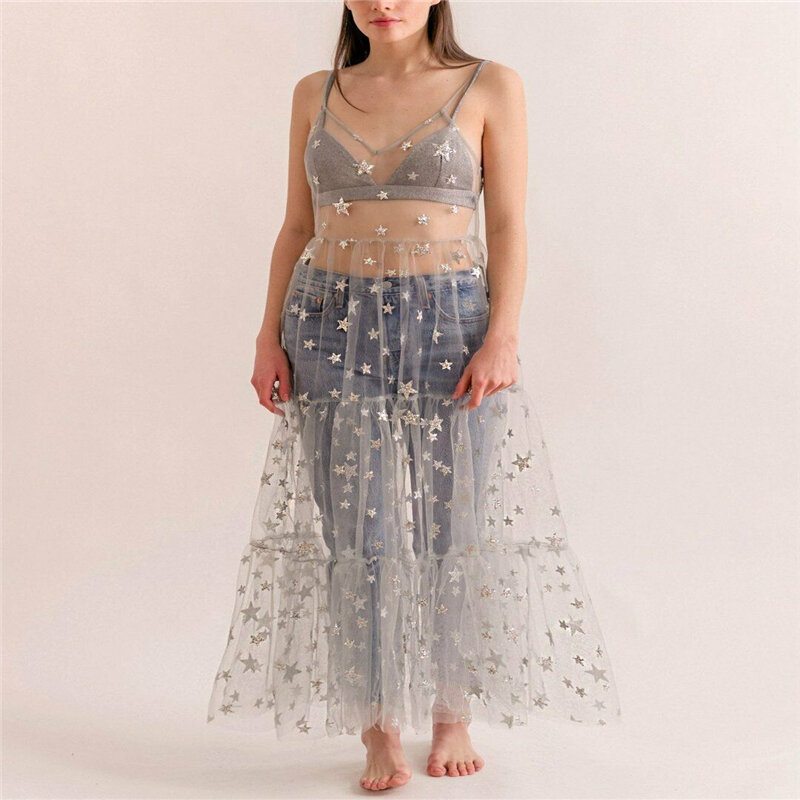 2019 Summer Women's Spaghetti Straps Tulle Long Women Dresses Fashion Bling Sparkely See Through Mesh Dress