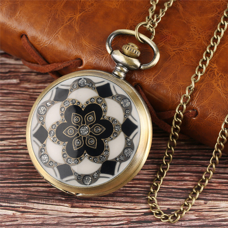 Relógio bronze branco de bolso, relógio vintage de bolso com pingente em formato de flor de jade, cristal de quartzo grande, corrente para presente de aniversário