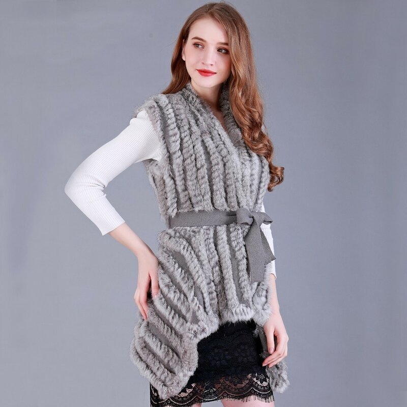 2020FXFURS fashion new Women Genuine Knitted Rabbit Fur Vests with belt sweater Waistcoat wholesale drop shipping