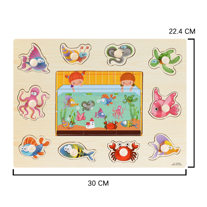 モンテッソーリ-木製パズル,ひも,赤ちゃんの教育玩具,漫画の車,動物,果物の3Dパズル
