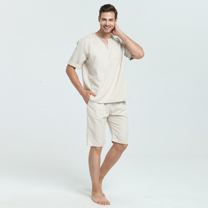 Pria dan Woen Unisex Rami dan Kapas Sumer dan Musim Semi Pendek Top Baju Tidur Memakai Rumah Pakaian Rumah Piyama Set dengan Panjang celana