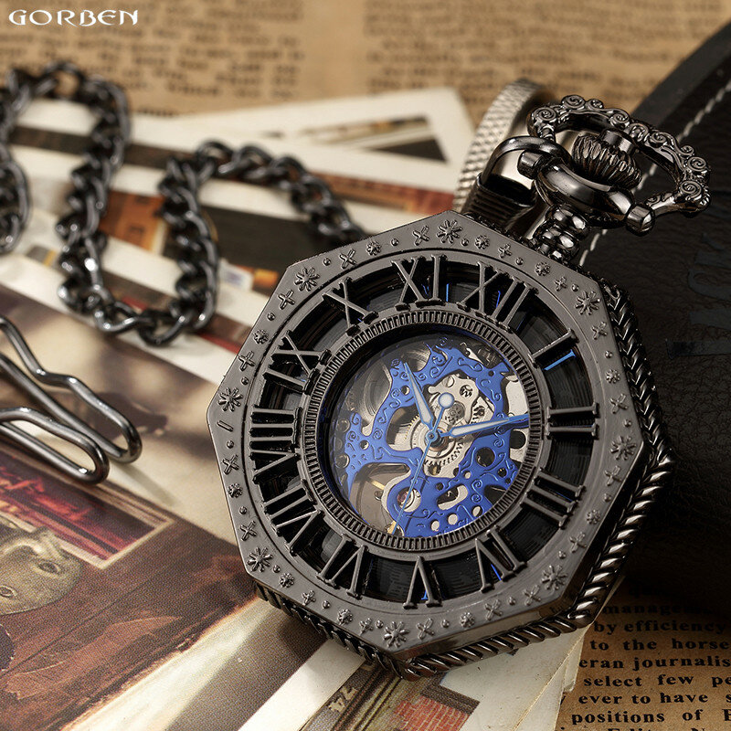 Reloj de bolsillo mecánico Hexagonal clásico para hombre, pulsera con cadena FOB, esfera romana Steampunk, esqueleto de acero hueco dorado, novedad de 2020