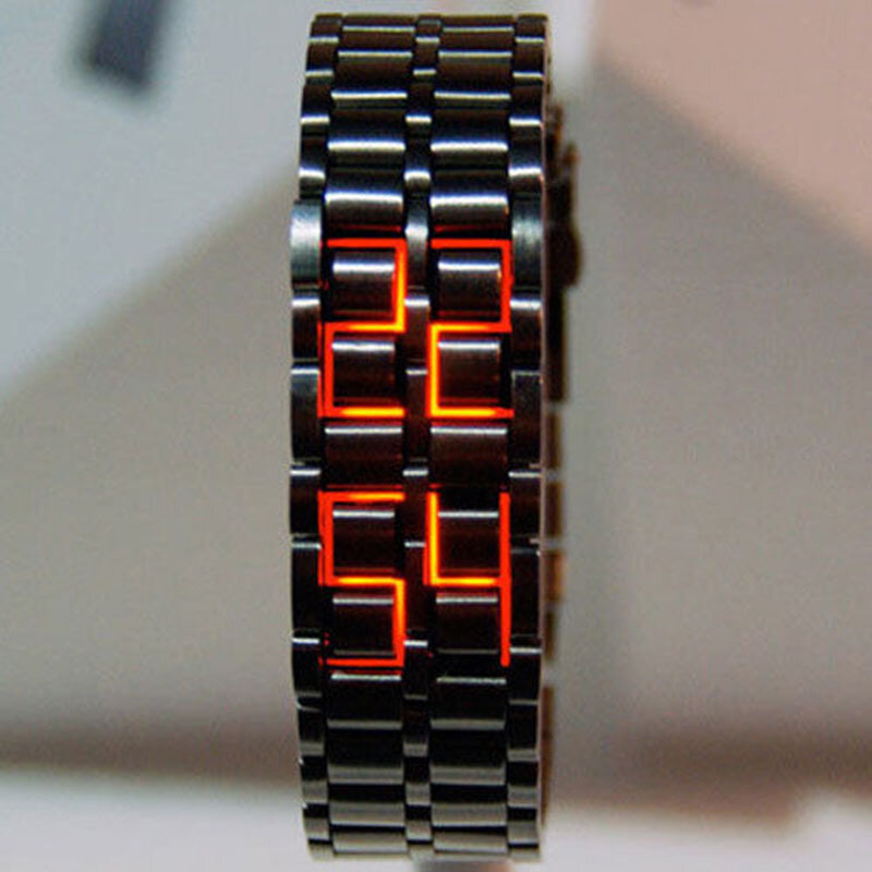 Mode Schwarz Voll Metall Digital Lava Armbanduhr Eisen Metall Rote LED Samurai für Männer Boy Sport Einfache Wathes