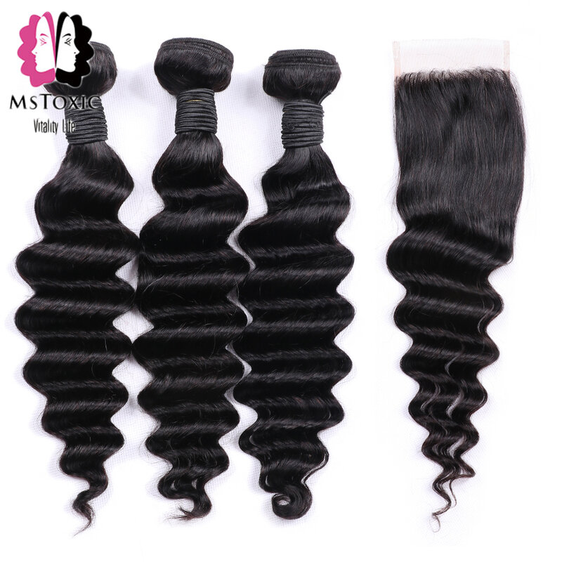 MsToxic Loose Deep Wave Bundles With Closure Brazilian Hair Weave Bundles With Closure Remy Human Hair Bundles With Closure
