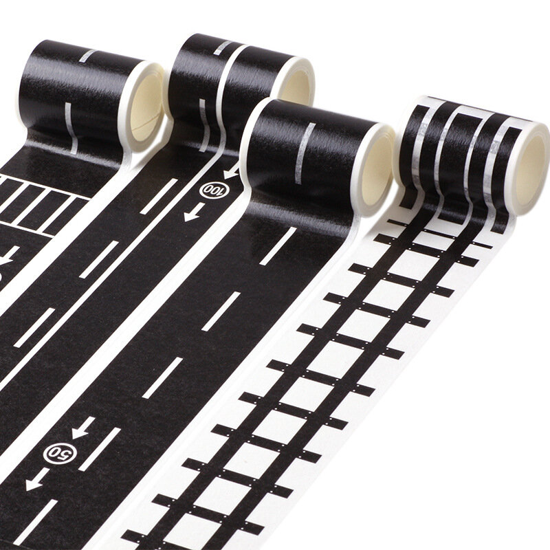 Cinta Washi de ferrocarril blanco y negro para niños, cinta adhesiva de carretera de tráfico ancho, coche de juguete, 48mm x 5m