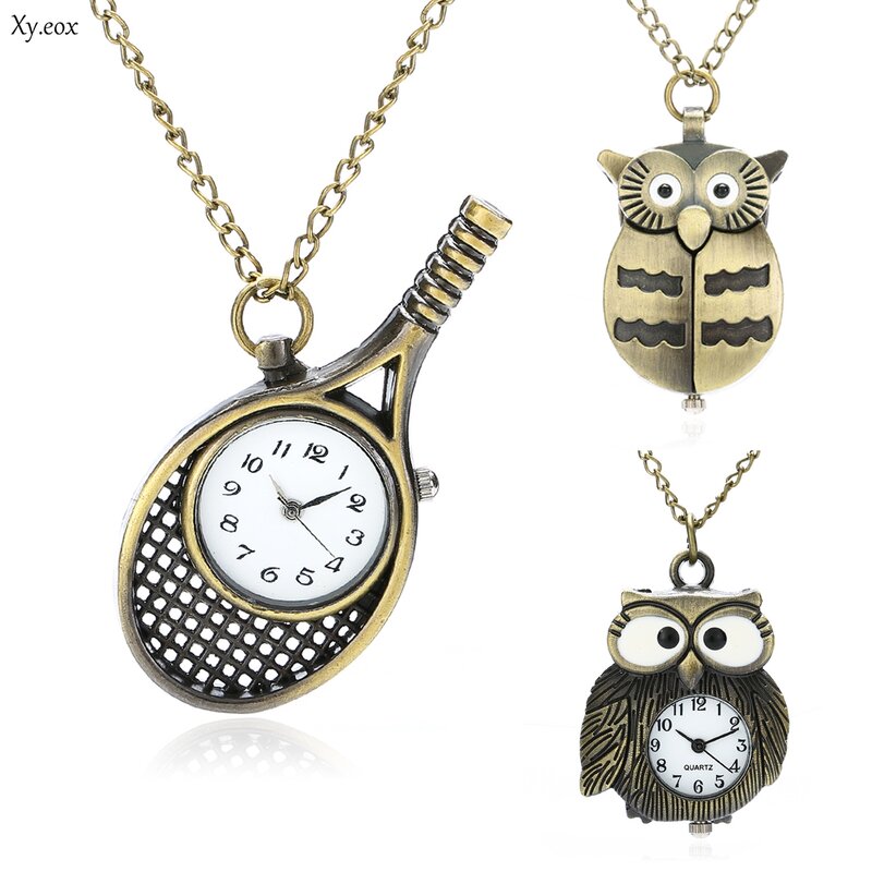 Women's Vintage Owl Tennis Racket Quartz Pocket Watch Necklace Pendant Gift