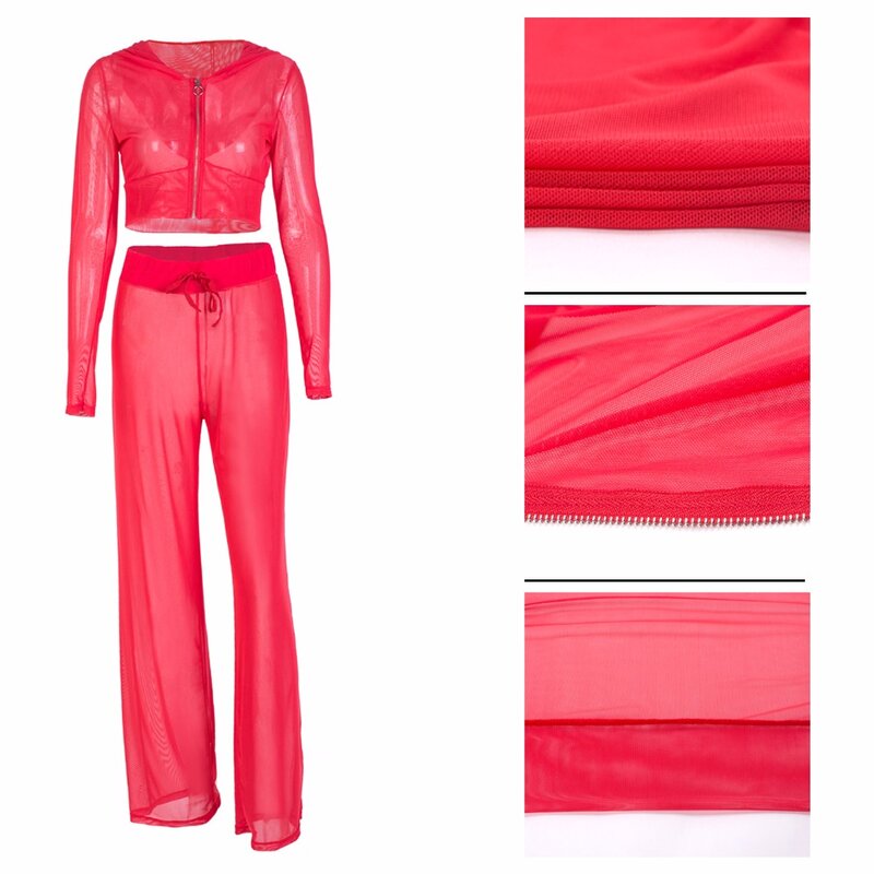 Sexy crop top two piece set tracksuit women gauze Fashion Hoodie Pant cropped tops