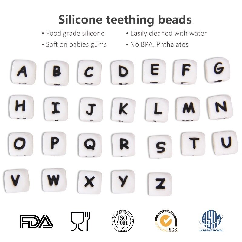50 pz alfabeto lettera Silicone dentizione cubo perline 12MM Food Grade perline massaggiagengive per dentizione ciuccio catena bambino infermiera regalo