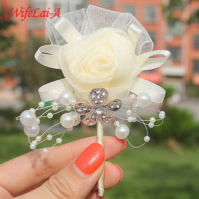 Em estoque venda quente 1 pçs/lote casamento marfim corsages boutonniere noivo diamante cristal flores de casamento pérola frisado broche flores