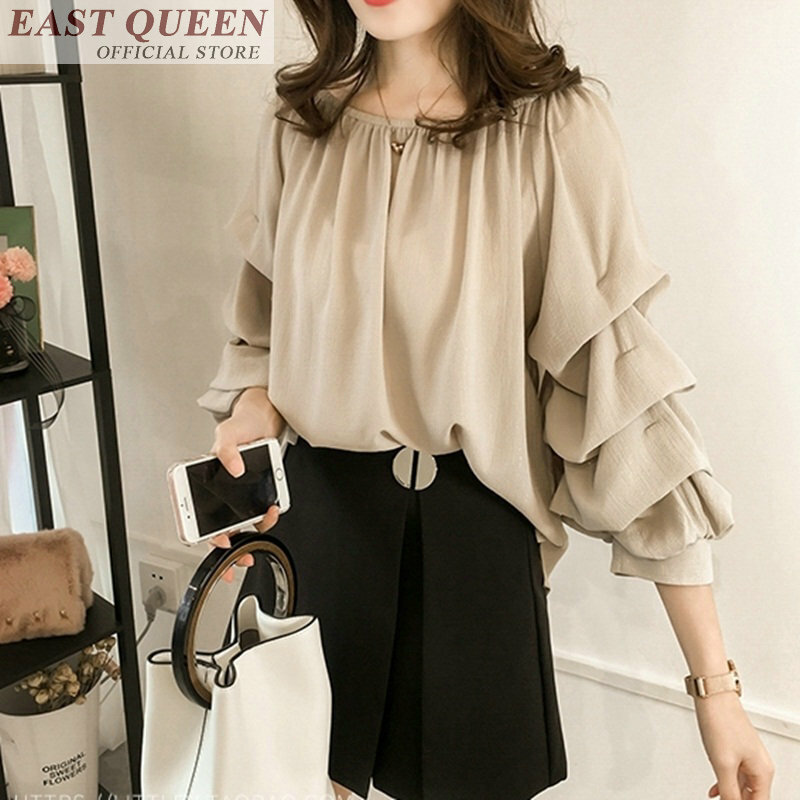 Chiffon blouse shirts for women lantern three quarter sleeve o-neck shirt tops elegant loose casual ladies blouses DD865 L