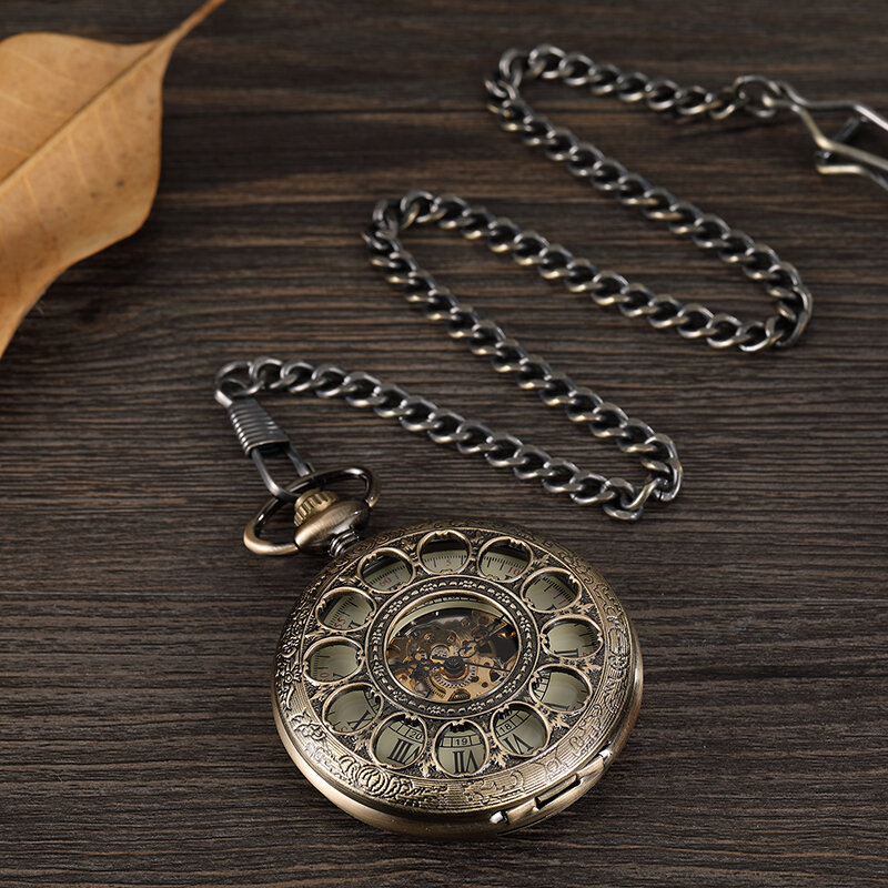 Бронзовые полые винтажные Механические карманные часы для мужчин, скелет, резьба, стимпанк, ручные часы с цепочкой, ожерелье, для женщин и мужчин, подарок